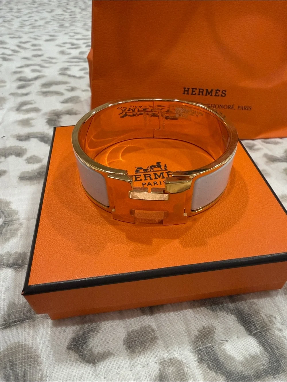Hermes White Enamel and Gold H Cuff Bracelet